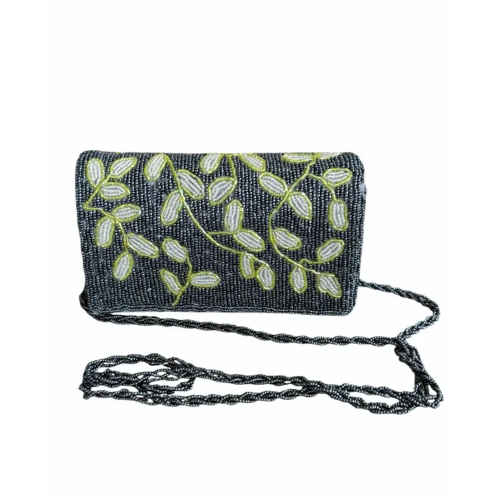 VTG Beaded Crossbody Evening Bag Gunmetal Floral Cocktail Purse Special Event